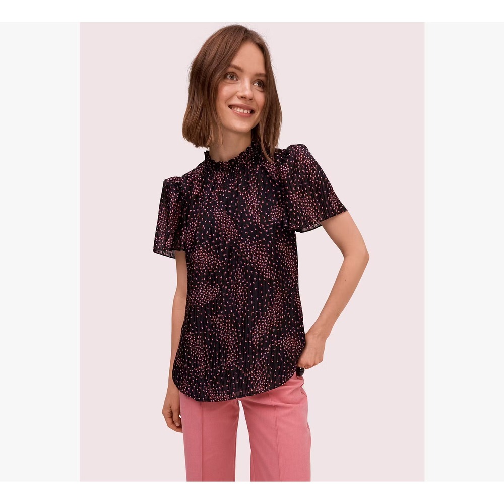 Kate Spade New York Meadow Floral Silk Blend Smocked Neck Tie Back Top‎ Black 10